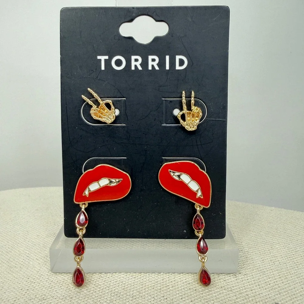Torrid Earrings Set Skeleton Hand Studs Red Lips Dangle Faux Gemstone‎ Gold Tone